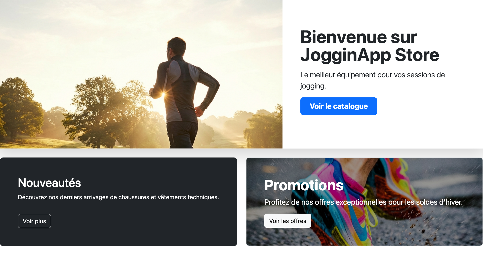 Accueil de Sport Shop avec hero running, nouveautés et promotions