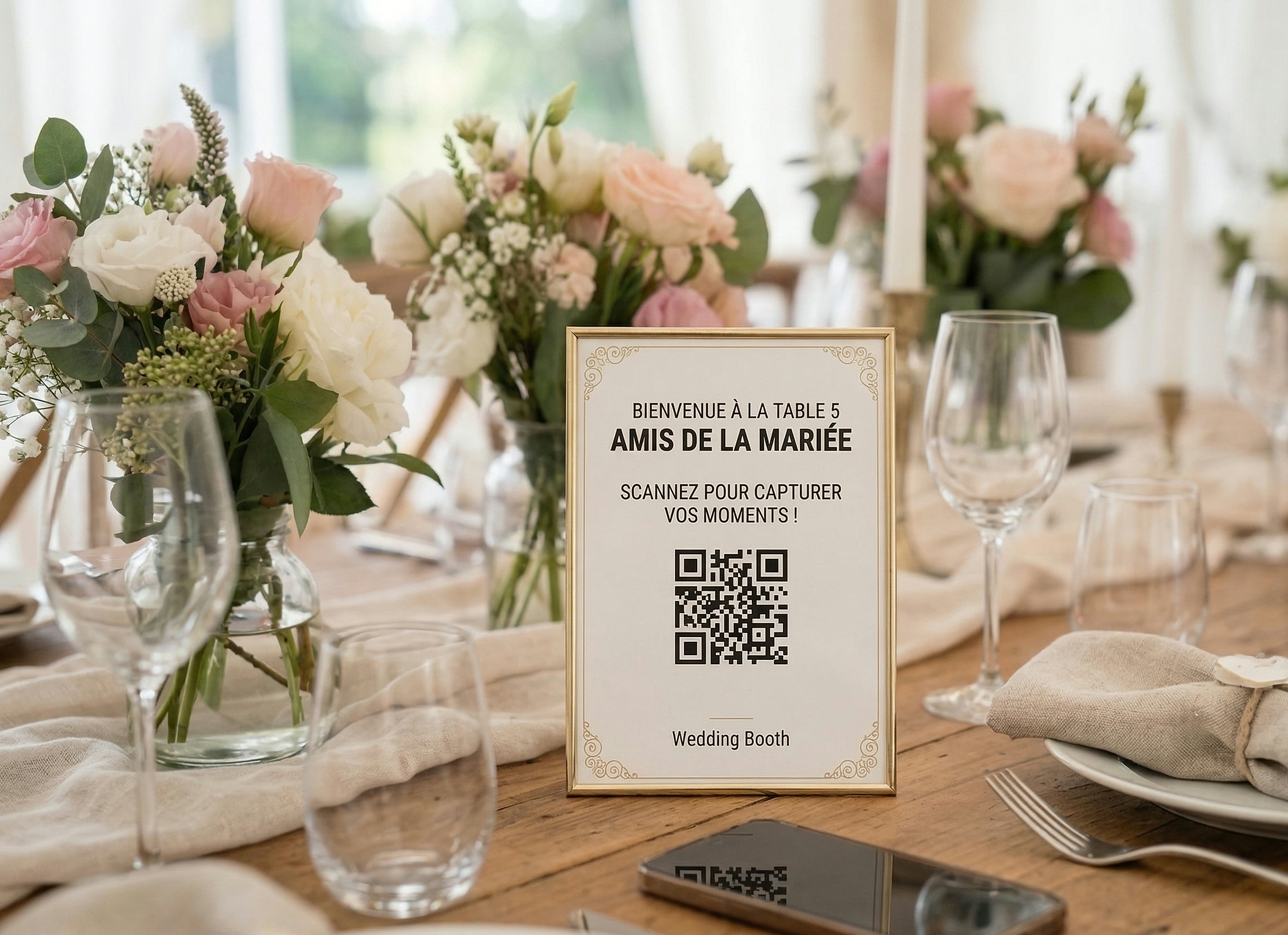 Carte Wedding Booth avec QR code posée sur une table de mariage