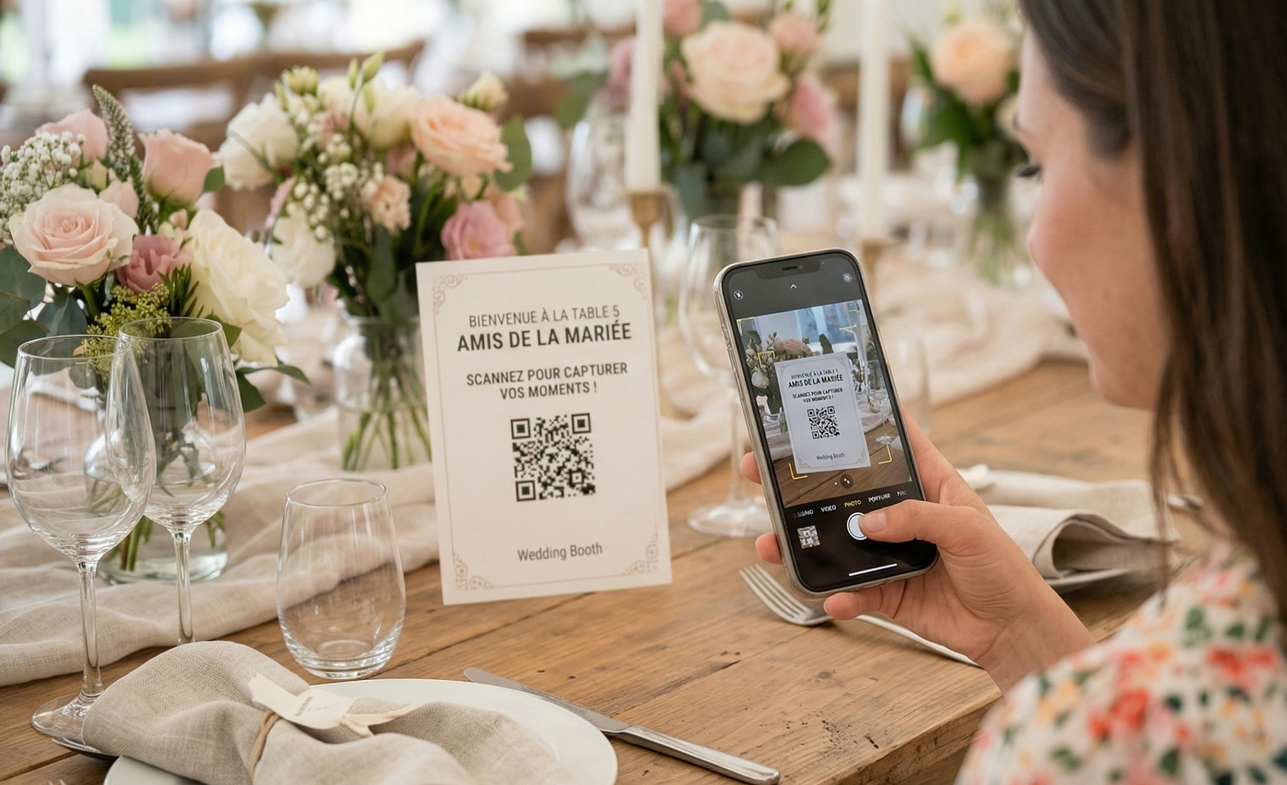 Invitée qui scanne le QR code Wedding Booth depuis son téléphone