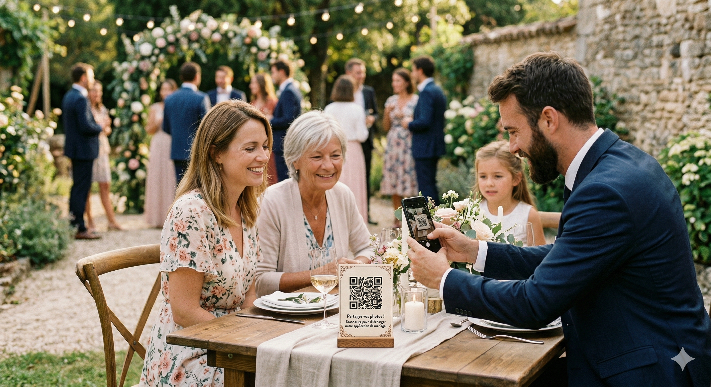Wedding Booth avec QR code sur la table et prise de photo pendant un mariage